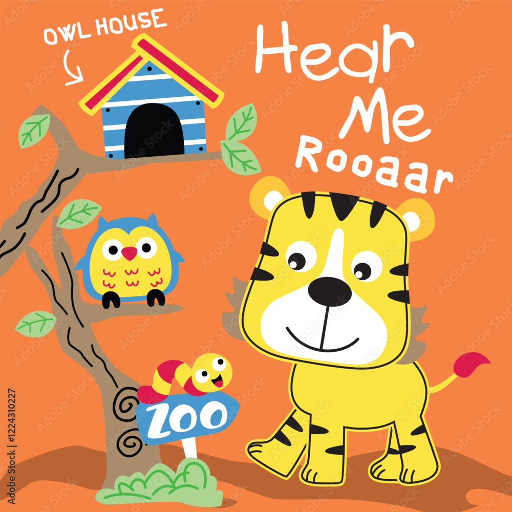 Fototapeta premium Tiger roaring with owl house and zoo elements in playful design. Animal adventure concept 