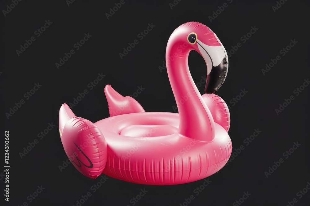 Vibrant Pink Inflatable Flamingo Float Against Black Background Vibrant Pink Inflatable Flamingo Float Against Black Background