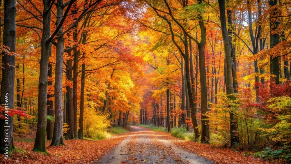 Fototapeta premium path in autumn landscape with colorful trees on both sides vertical shot