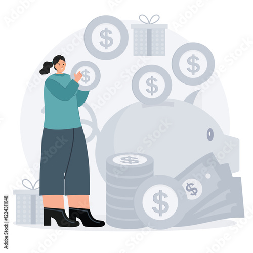 Illustrated Woman Consider Economic Planning with Coins and Savings Iconography