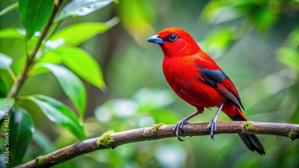 Fototapeta premium Bird perched on a branch with vibrant red plumage against the backdrop of a serene forest landscape, surrounded by lush green leaves and twigs , forest, wildlife