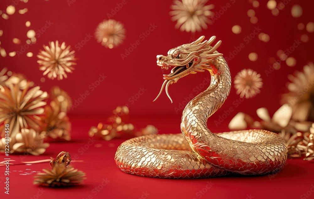 Obraz premium A golden snake sculpture, Chinese New Year atmosphere, red background with paper cut snowflakes and fireworks decoration