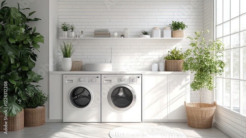 White laundry room with large cabinets and counter space, neatly organized for a clean look