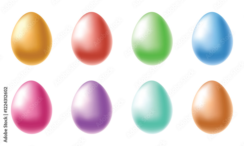Colorful eggs collection, shiny, golden, metallic. Easter egg. Vector illustration, realistic, 3D, isolated on white Colorful eggs collection, shiny, golden, metallic. Easter egg. Vector illustration, realistic, 3D, isolated on white