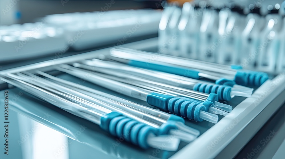 A clean and organized biostimulator station with disposable covers and labeled tools. A clean and organized biostimulator station with disposable covers and labeled tools.