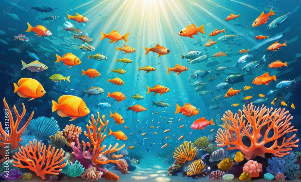 Fototapeta Vibrant Underwater Coral Reef with Diverse Fish and Sunlight