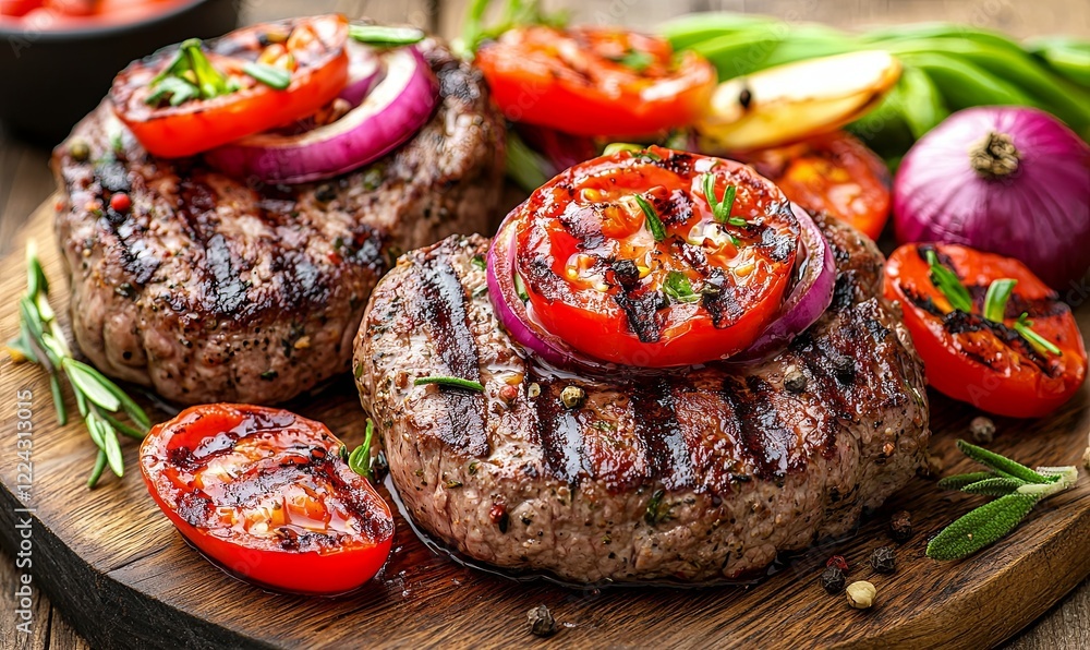 Grilled beef patties with tomatoes, onions, rosemary on wooden board Grilled beef patties with tomatoes, onions, rosemary on wooden board