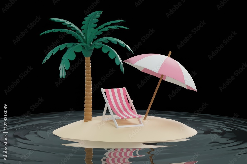 Obraz premium Miniature Sand Island with Palm Tree and Beach Umbrella