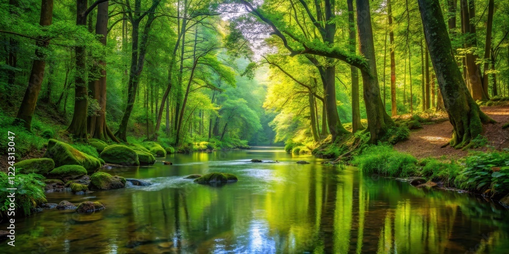 A serene tranquil stream meanders through a lush forest of towering trees and vibrant greenery surrounded by the soothing sounds of nature , green, water A serene tranquil stream meanders through a lush forest of towering trees and vibrant greenery surrounded by the soothing sounds of nature , green, water