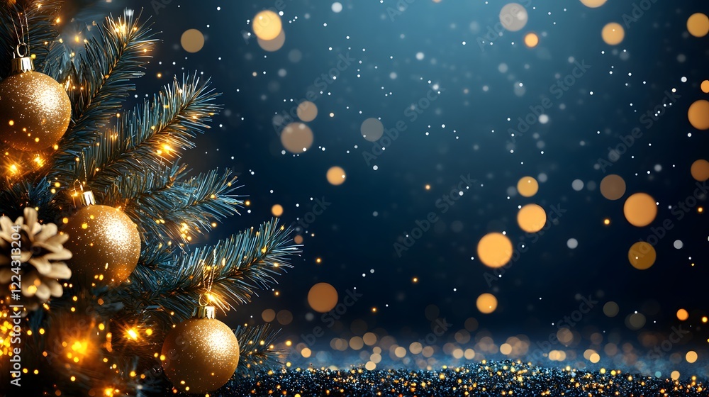 Festive gold ornaments on blue Christmas tree, snowy night, bokeh background; holiday card Festive gold ornaments on blue Christmas tree, snowy night, bokeh background; holiday card