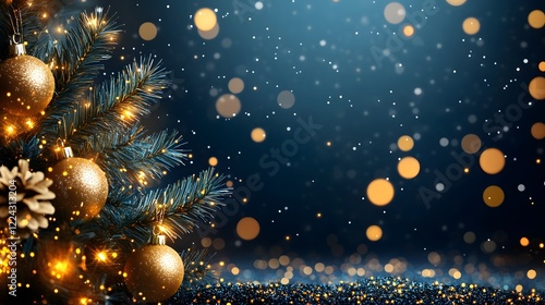 Festive gold ornaments on blue Christmas tree, snowy night, bokeh background; holiday card