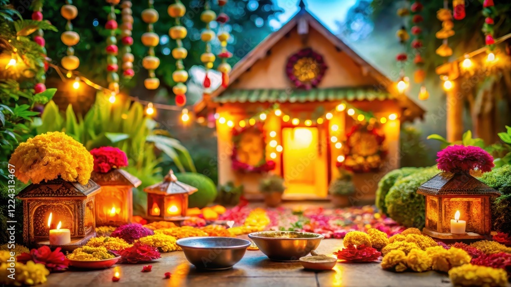Diverse flowers and greenery surrounding a house with illuminated diyas and colorful lanterns, festive atmosphere, indian festival Diverse flowers and greenery surrounding a house with illuminated diyas and colorful lanterns, festive atmosphere, indian festival