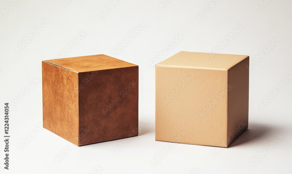 Two square boxes, brown and beige, on white background. Two square boxes, brown and beige, on white background.