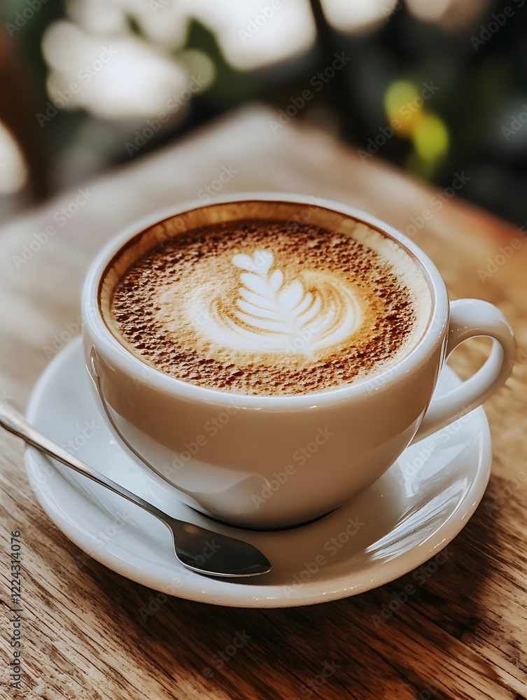 Obraz premium Artfully Crafted Latte Coffee in Cute Mug with Foam Art on Wooden Table : Generative AI