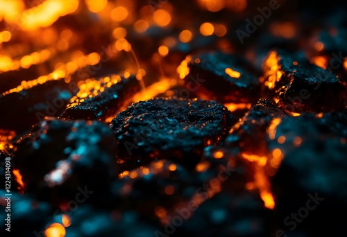 Close-up view of glowing embers, fiery coals, dark and intense background, abstract texture, vibrant orange and blue hues, dramatic lighting, energy and power, warm and passionate, detailed, night sce photo