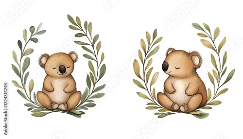 Two cute koalas sitting serenely among green leaves, showcasing a peaceful atmosphere