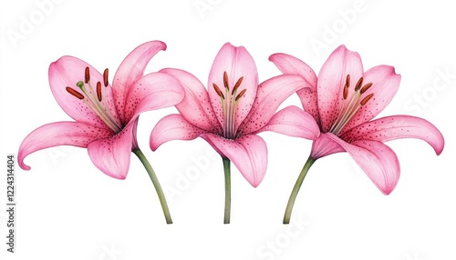 Three delicate pink lilies arranged gracefully, showcasing their vibrant petals and intricate details