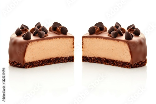 Sliced chocolate dessert with creamy filling, showcasing rich textures and garnished with chocolate chips