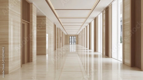 Wallpaper Mural Modern, long hotel corridor with beige marble floor and walls, large windows letting in natural light. Torontodigital.ca