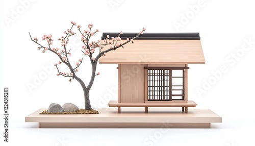 Miniature traditional house with blossoming tree and stones on a wooden base in serene setting photo