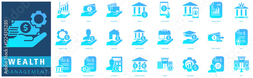 WEALTH MANAGEMENT ICON SET with financial, payment, card payment, banking, mobile banking, account, financial growth, deposit, financial service and personal loan