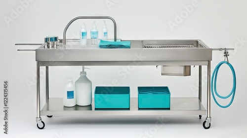 A professional setup with a biostimulator device, sterile tools, and medical-grade cleaning products on a stainless steel trolley. photo