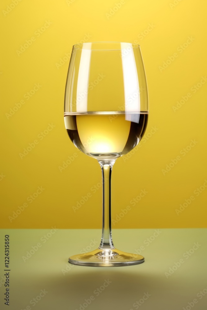 White wine fills half glass. Champagne flute. Glass on the light green table. Yellow background. White wine fills half glass. Champagne flute. Glass on the light green table. Yellow background.