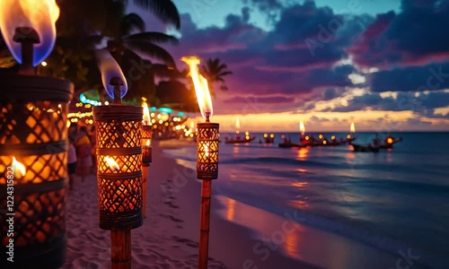 Tropical beach evening with tiki torches, vibrant sunset, and boats in the distance