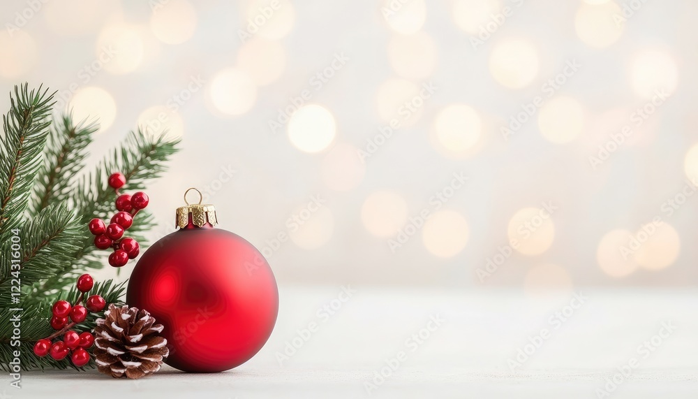 Obraz premium Festive Christmas decoration featuring a red ornament, pinecones, and berries with a blurred background