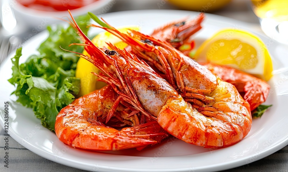 Grilled shrimp with lemon and salad on a plate, ready to eat Grilled shrimp with lemon and salad on a plate, ready to eat