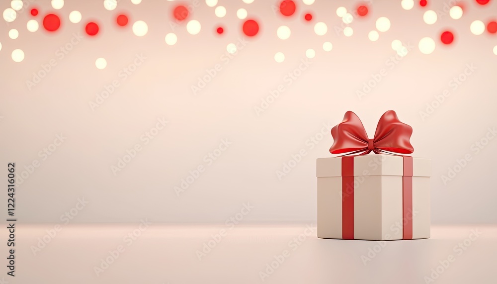 A beautifully wrapped gift box with a red bow on a smooth surface, illuminated by festive lights A beautifully wrapped gift box with a red bow on a smooth surface, illuminated by festive lights