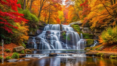 Autumn waterfall cascading through colorful foliage, nature, landscape photography,  nature, landscape photography, vibrant