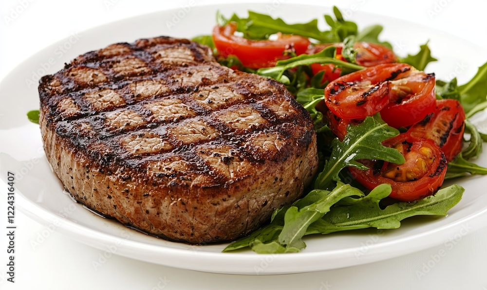 Grilled steak with fresh tomato and arugula salad on a white plate Grilled steak with fresh tomato and arugula salad on a white plate