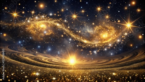 Glittering starry night sky with golden twinkling lights swirling around a deep black canvas, celestial scene, glittering stars