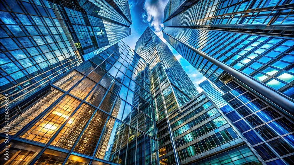 Obraz premium Panoramic Underside View Steel Blue Glass Skyscrapers - Industrial Architecture Long Exposure