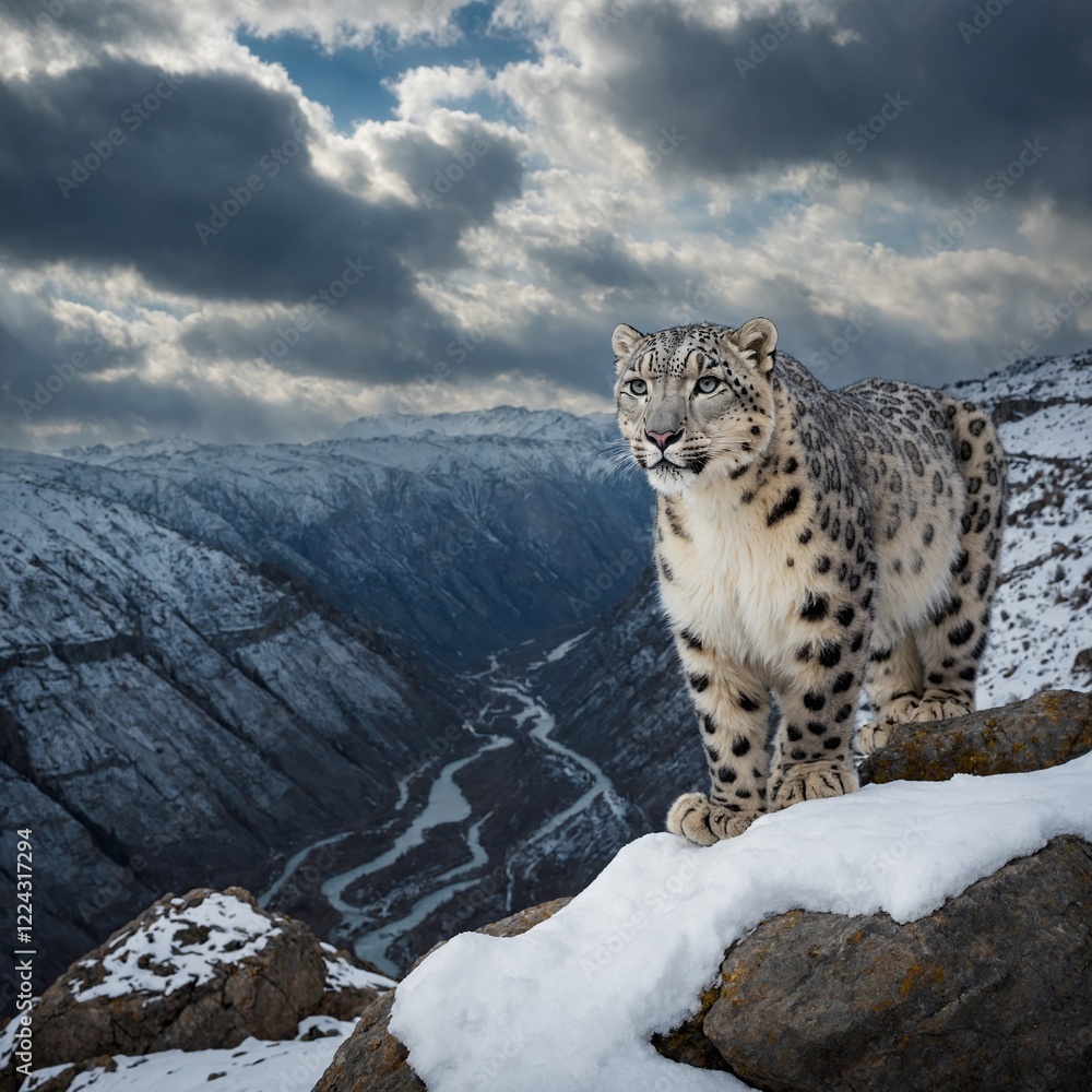 Obraz premium A snow leopard perched above a snow-covered gorge under a dramatic, cloudy sky.