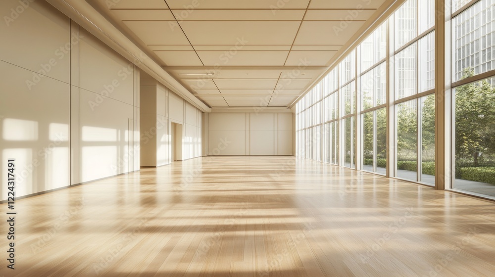Spacious, sunlit empty hall with large windows and hardwood floor. Spacious, sunlit empty hall with large windows and hardwood floor.