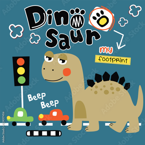 Dinosaur with cars and traffic light showing playful expression and fun design. Cartoon concept
