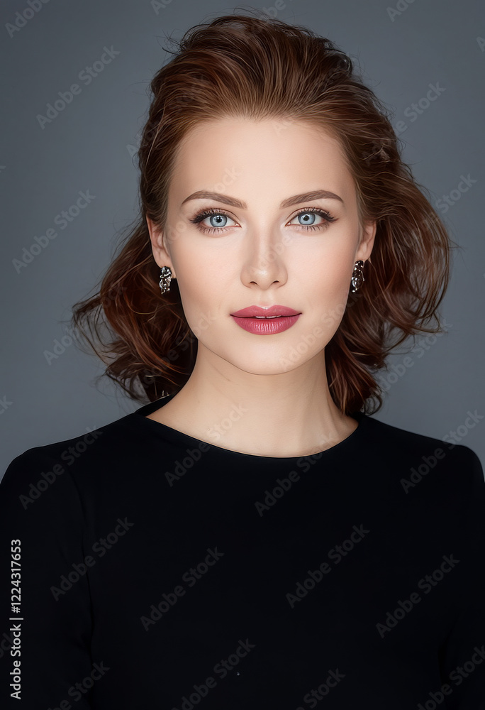 Portrait of a woman with brown hair styled in waves in a black sweater. Fair skin, blue eyes and light makeup. Neutral gray background. Portrait of a woman with brown hair styled in waves in a black sweater. Fair skin, blue eyes and light makeup. Neutral gray background.