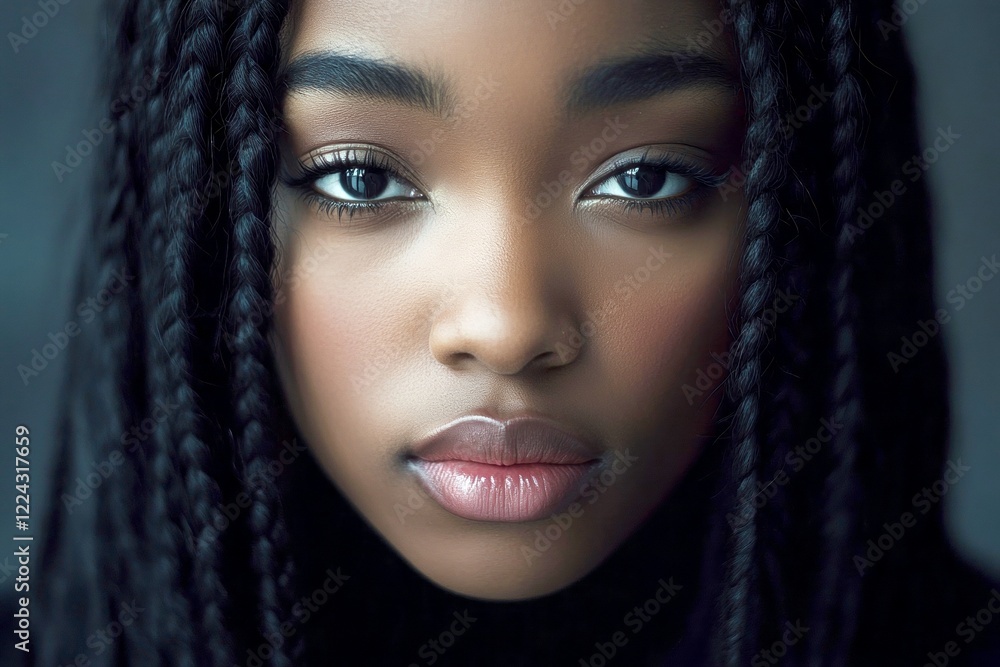 Stunning calm black girl - for ads, media and internet marketing use. Long trim - braids hair. Commercial promotion concept layout. Afro-american beauty portraits. Black portrait concept. Stunning calm black girl - for ads, media and internet marketing use. Long trim - braids hair. Commercial promotion concept layout. Afro-american beauty portraits. Black portrait concept.