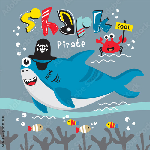 Cartoon pirate shark with eye patch and crab in underwater scene. Children's ocean adventure concept
