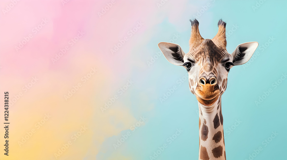 Fototapeta premium Giraffe portrait animal kingdom wildlife photography vibrant background close-up playful expression