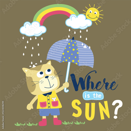 Cartoon cat holding umbrella with rainbow and sun in rainy setting. Children's weather concept
