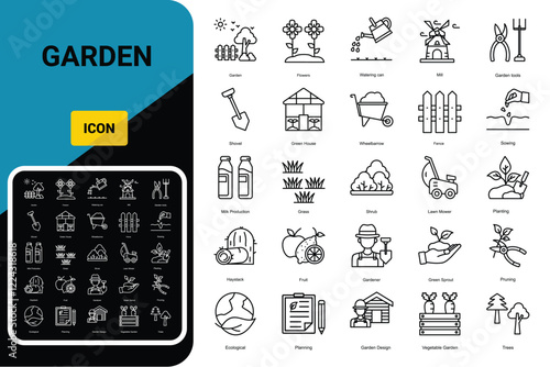 Garden icon set. Containing plant, flowers, trees, watering can, fence, cultivate and gardening icons. Solid icon collection. Vector illustration.