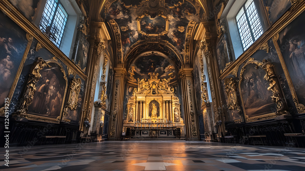 Fototapeta premium Ornate Baroque Church Interior with Elaborate Ceiling and Golden Altar : Generative AI