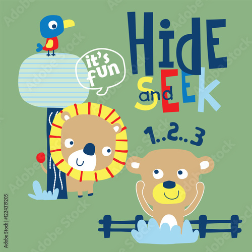 Cartoon lion and bear playing hide and seek with bird on tree. Fun game theme concept
