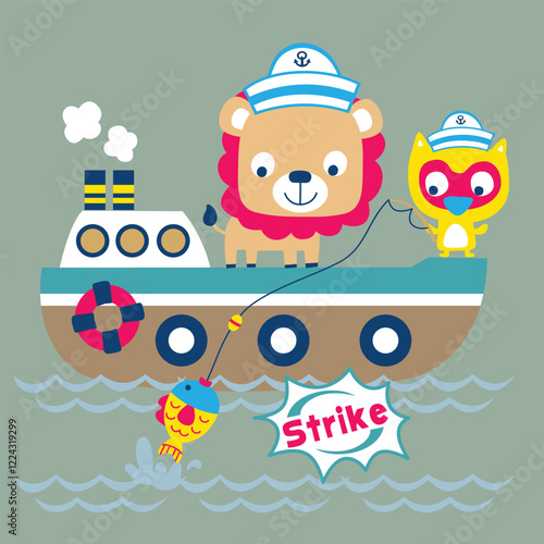 Cartoon lion and bird fishing on a boat with sailor hats in the sea. Nautical theme concept
