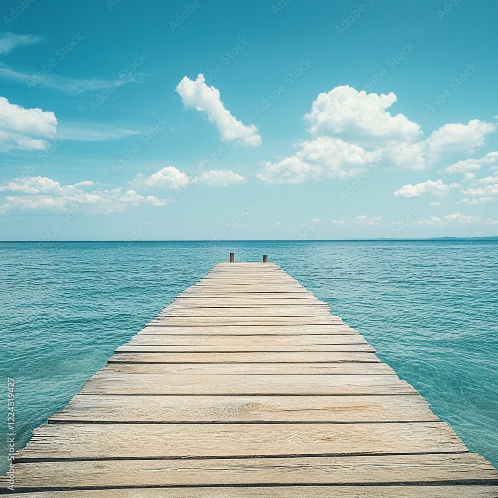 Wooden pier extending into calm turquoise sea under a blue sky with fluffy clouds. Wooden pier extending into calm turquoise sea under a blue sky with fluffy clouds.