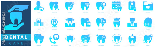 DENTAL CARE ICON SET with dentist, dental checkup, anesthesia, tooth jewelry, dental treatment, dental record, clinic and tooth extraction