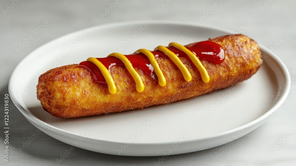 Delicious golden brown corn dog with mustard and ketchup on a white plate Delicious golden brown corn dog with mustard and ketchup on a white plate